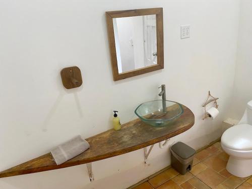 a bathroom with a glass bowl sink on a wooden counter at Bird Island Bungalows in Bocas del Toro