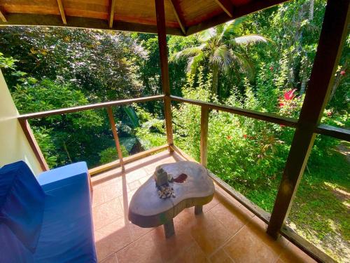 a view of a room with a large window with a chair at Bird Island Bungalows in Bocas del Toro