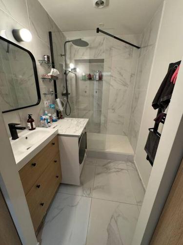 une salle de bain blanche avec une douche et un lavabo dans l'établissement Beau 2 pièces central, à Paris