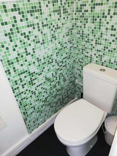 La salle de bains est pourvue de toilettes blanches et de carrelage vert. dans l'établissement Appartement charmant à Hautot-sur-Mer, 45 m² avec stationnement, à Hautot-sur-Mer