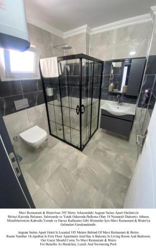 a bathroom with a shower and a toilet and a sink at Mavi Restaurant & Apartments 3 in Didim