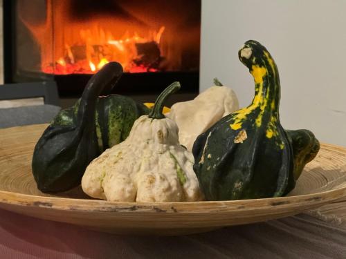 a bowl of squash and gourds in front of a fireplace at ZiMo Taliándörögdi MoZiHáz in Taliándörögd