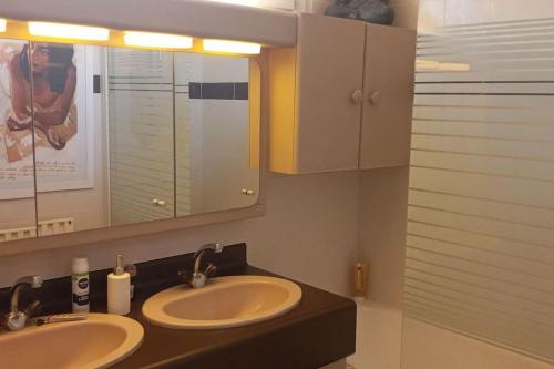 une salle de bain avec deux lavabos et un miroir dans l'établissement Superbe appartement Clermont-Ferrand, à Clermont-Ferrand