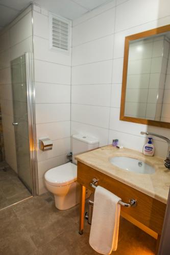 a bathroom with a toilet and a sink and a mirror at Business Palas Otel in Kocaeli