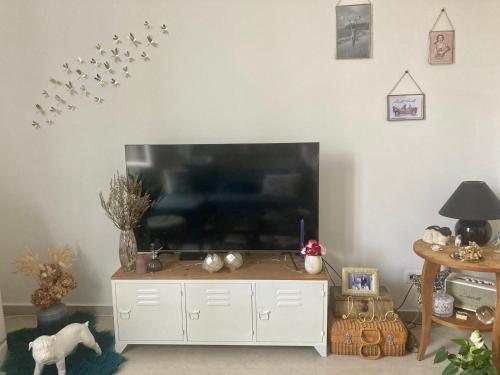 un salon avec une grande télévision à écran plat dans l'établissement Cannes congrès, à Cannes