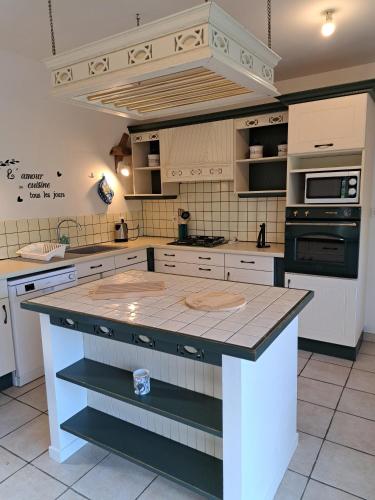 une cuisine avec un grand îlot au milieu dans l'établissement Gite Le Ginestou, à Almon-les-Junies