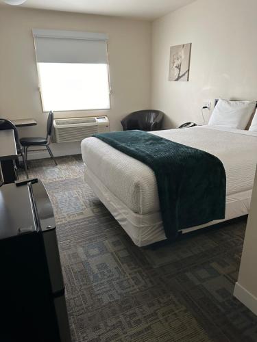 a hotel room with a bed and a window at Sleep Suite Motel in Steinbach