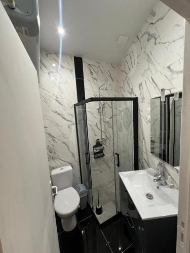 une salle de bain avec une douche, des toilettes et un lavabo dans l'établissement Le Havre Montmartrois 2, à Paris