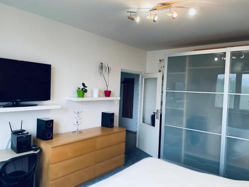 a bedroom with a television and a wooden dresser with a bed at Apartmán Luhačovice in Luhačovice