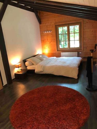 - une chambre avec un grand lit et un tapis rouge dans l'établissement Chalet avec SPA et étang à proximité du Lac, à Anthy