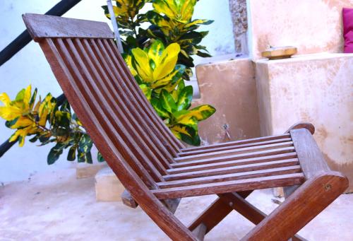 a wooden rocking chair sitting next to some plants at Jannat House in Lamu