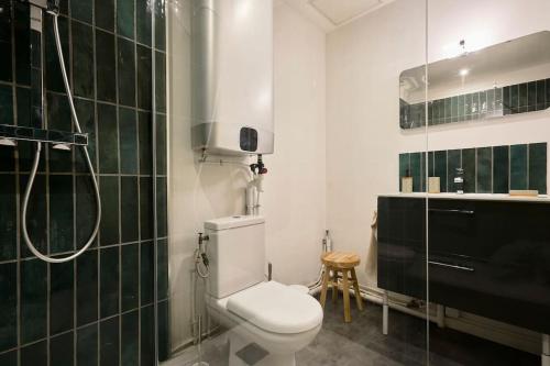 une salle de bain avec des toilettes blanches et une douche dans l'établissement Appartement cosy proche du tram avec parking privé, à Roubaix