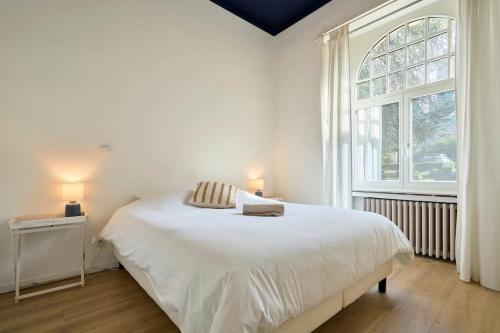 une chambre blanche avec un grand lit et une fenêtre dans l'établissement Appartement cosy proche du tram avec parking privé, à Roubaix