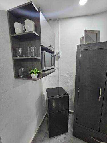 モンテレイにあるLoft C excelente ubicación y acogedor Semiequipadoのキッチン(黒いキャビネット、電子レンジ付)