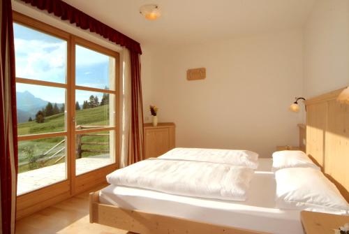 a bedroom with a bed and a large window at Apartments Serghela in San Cassiano