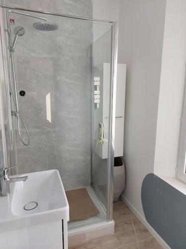 une salle de bain avec une douche, un lavabo et des toilettes dans l'établissement La maison du bout du chemin, à Marolles