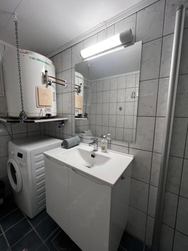 a bathroom with a sink and a washing machine at Hoda Apartment - Cozy central apartment with free parking in Leknes