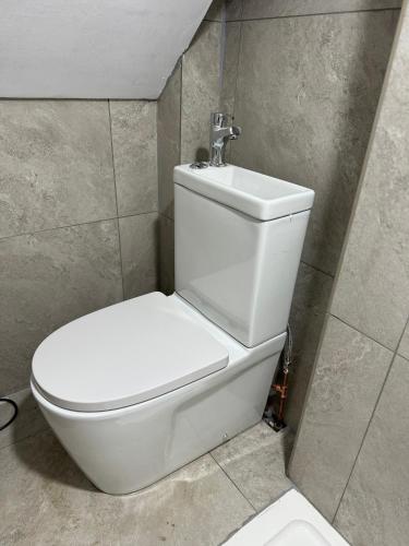 a bathroom with a white toilet and a sink at stadium home in London