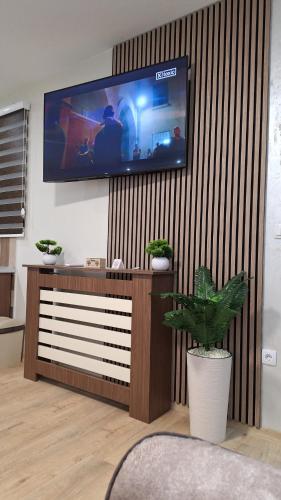 a living room with a flat screen tv on a wall at Apartments Green Beograd in Borča