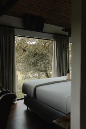 a bedroom with a bed and a large window at Cabanas Grande Passo in Quatro Barras