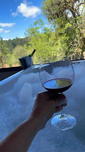 a hand holding a glass of wine on a table at Cabanas Grande Passo in Quatro Barras