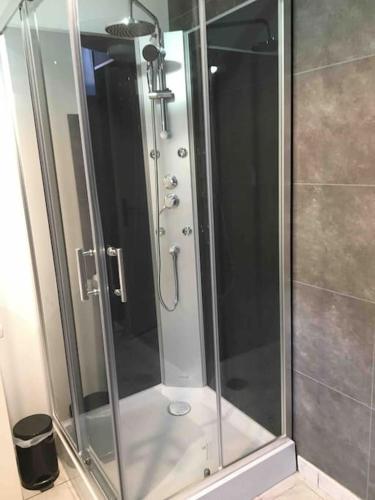 a shower with a glass door in a bathroom at Gite avec courette bord mer La Hague Port Racine in Saint-Germain-des-Vaux