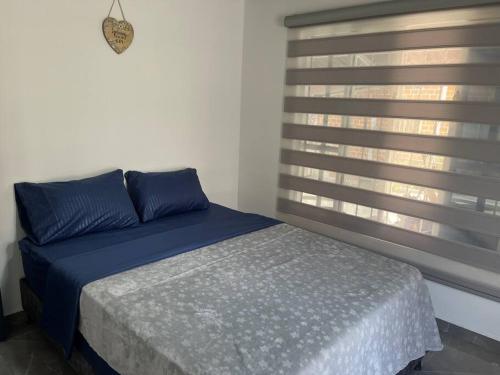 a bed with blue pillows in a room with a window at Horizonte Azul Filandia in Filandia