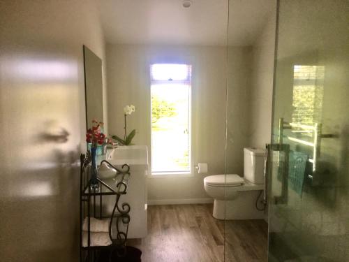 a bathroom with a toilet and a window at Shearer's Quarters in Rotorua