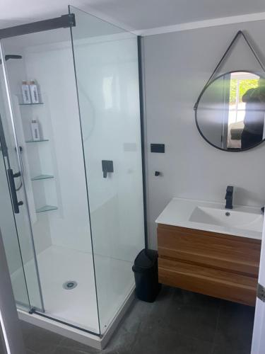 a bathroom with a shower and a sink at The Avenues Hideaway in Tauranga