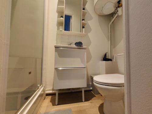 une salle de bain blanche avec toilettes et douche dans l'établissement Appart'HomeCity - Rouen Marne Impressionniste, à Rouen
