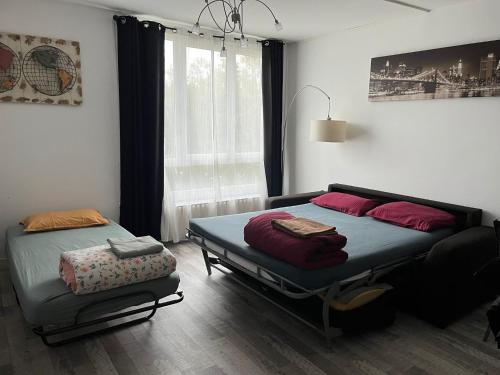 a bedroom with two beds and a window at Appartement équipé proche aéroport et gare in Beauvais