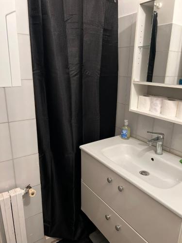 La salle de bains est pourvue d'un rideau de douche noir et d'un lavabo. dans l'établissement Appartement proche Montparnasse et Port Royal, à Paris