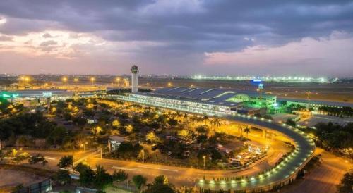 an airport with a lot of lights at night at La Phan Huy Ich Hotel in Ho Chi Minh City