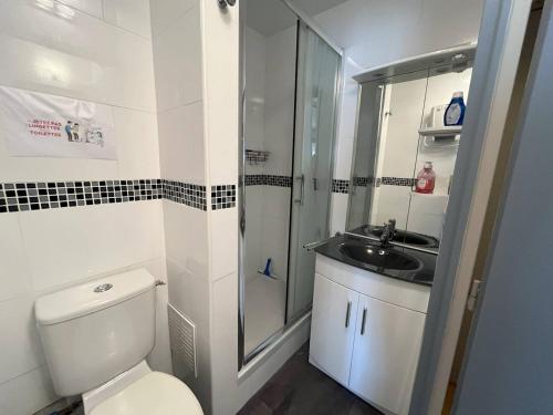 une petite salle de bain avec toilettes et lavabo dans l'établissement T2 Cabine rénové Cap d'Agde: 4 pers, parking, prox plages - FR-1-749-74, au Cap d'Agde