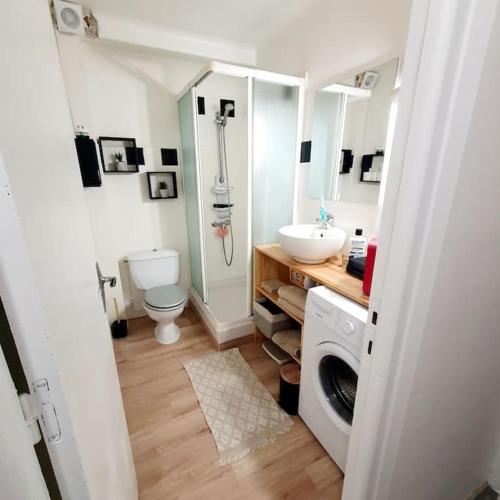 une salle de bain avec un lavabo et une machine à laver dans l'établissement 2 terrasses JolieT2 clim, parking privé, à Canet