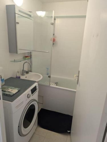 une salle de bain avec une machine à laver et un lavabo dans l'établissement Appartement à 2 min de la plage !, à Villers-sur-Mer