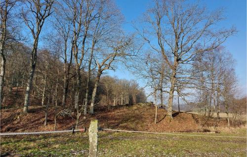 a field with a fence and trees on a hill at Nice Home In Ljungbyhed With Kitchen in Ljungbyhed