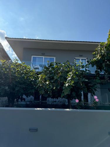 a white fence in front of a house with pink roses at Artemis Apartments in Diakopto