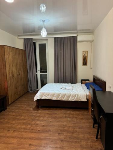 第比利斯Tbilisi pekini avenue Saburtalo的卧室里有一张床和一张书桌