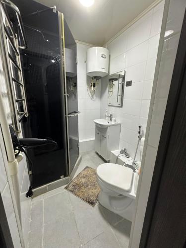 ein Badezimmer mit Toilette, Dusche und Waschbecken in der Unterkunft Апартамент in Qaraghandy