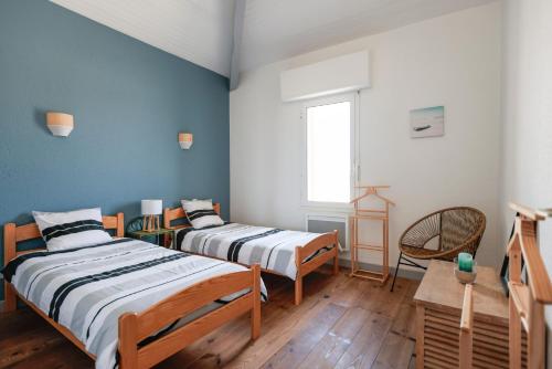 deux lits dans une chambre aux murs bleus dans l'établissement Huchet, à Moliets-et-Maa