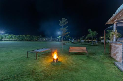 a fire in the grass next to a bench and a table at ELIVAAS 5 BHK With Pvt Pool & Garden - Zenora in Gurgaon