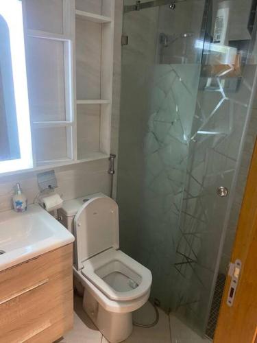 a bathroom with a toilet and a glass shower at Panoramic view Condo Mehdia in Kenitra