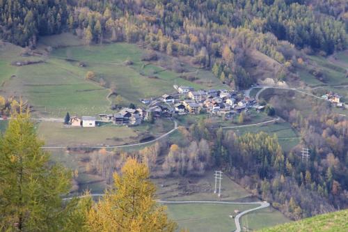 an aerial view of a village in a forest at La Grange de Soulalex in Orsières