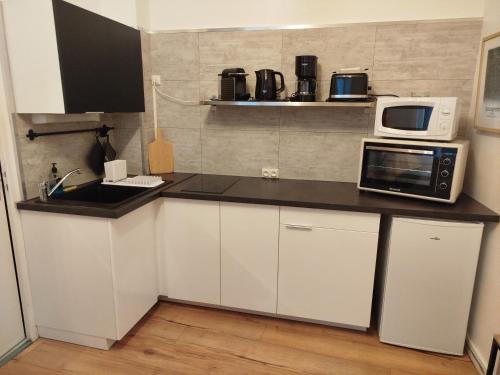 La cuisine est équipée de placards blancs, d'un évier et d'un four micro-ondes. dans l'établissement Le Studio 64, à Rochefort
