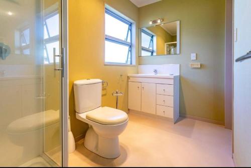 a bathroom with a toilet and a sink and a shower at Norfolk Palms - Smurfers Paradise in Tairua