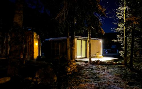 a house lit up at night with a tree at Mountain Cabin by the river - Base Camp Medvědín in Špindlerův Mlýn