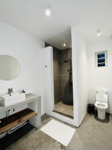 a bathroom with a sink and a shower and a toilet at Summerdays Studios in Coteau Raffin
