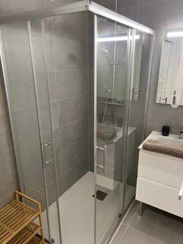 une douche avec une porte vitrée dans une salle de bain dans l'établissement Mia Casa, à Montpellier