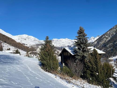 a cabin in the snow with trees and mountains at Accogliente casa in montagna in Champoluc